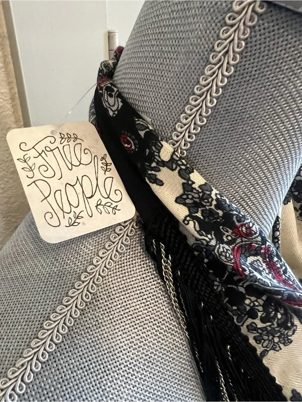 Free People Chase Me Chain Bandana in Black, White & Red Fringed Paisley